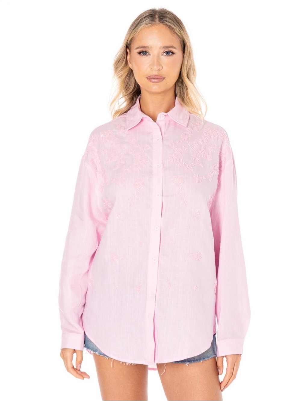Blushing Garden Embroidered Button-Down Blouse